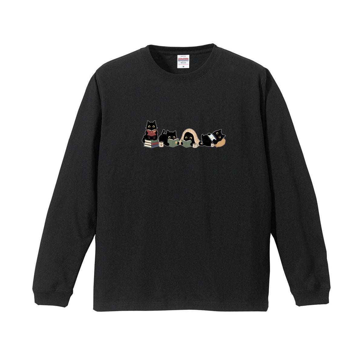 猫 長袖Tシャツ｜読書黒猫 イラスト｜ねこ ロンT メンズ レディース S-2XL