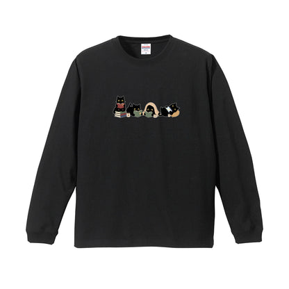 猫 長袖Tシャツ｜読書黒猫 イラスト｜ねこ ロンT メンズ レディース S-2XL
