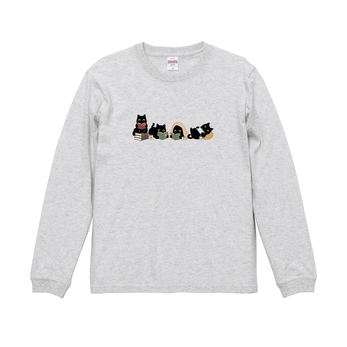 猫 長袖Tシャツ｜読書黒猫 イラスト｜ねこ ロンT メンズ レディース S-2XL