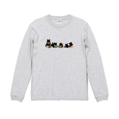 猫 長袖Tシャツ｜読書黒猫 イラスト｜ねこ ロンT メンズ レディース S-2XL