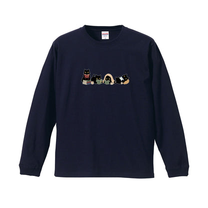 猫 長袖Tシャツ｜読書黒猫 イラスト｜ねこ ロンT メンズ レディース S-2XL