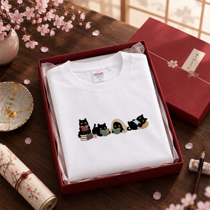 猫 長袖Tシャツ｜読書黒猫 イラスト｜ねこ ロンT メンズ レディース S-2XL