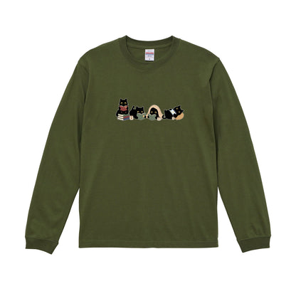 猫 長袖Tシャツ｜読書黒猫 イラスト｜ねこ ロンT メンズ レディース S-2XL