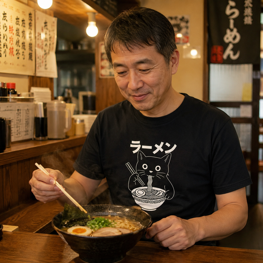 ラーメン黒猫 Tシャツ ｜ 猫好き・ラーメン好きに人気