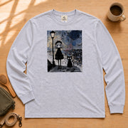Starry Night Cat Girl 星空と黒猫の少女デザイン | 長袖Tシャツ | フロントのみプリント