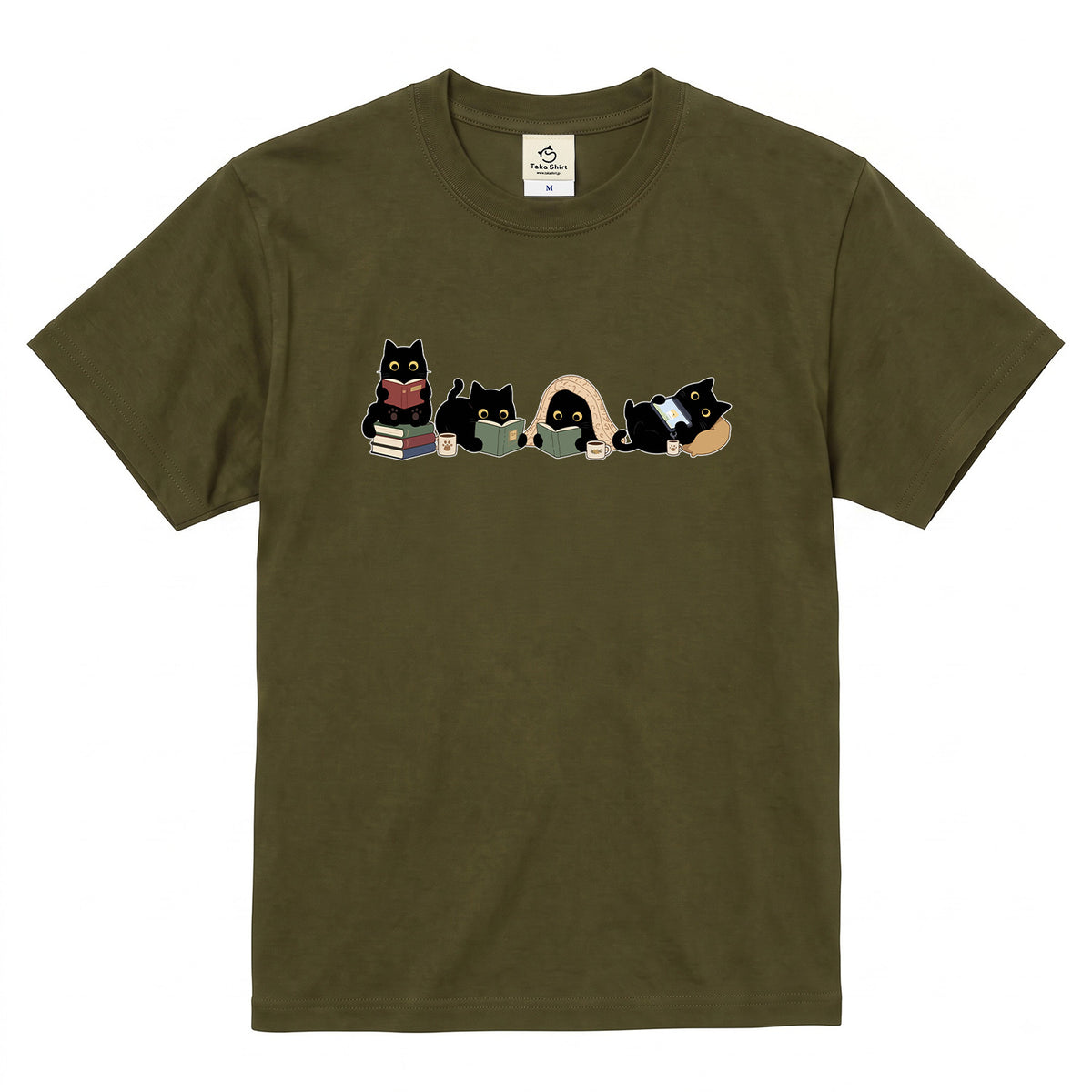 読書黒猫 Tシャツ ｜ 猫好き・読書好き・本好きに人気