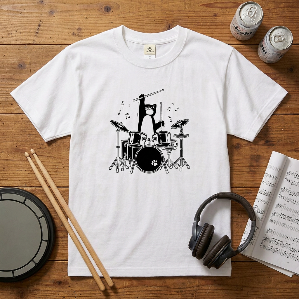 猫ドラム 猫Tシャツ｜音楽好きに人気