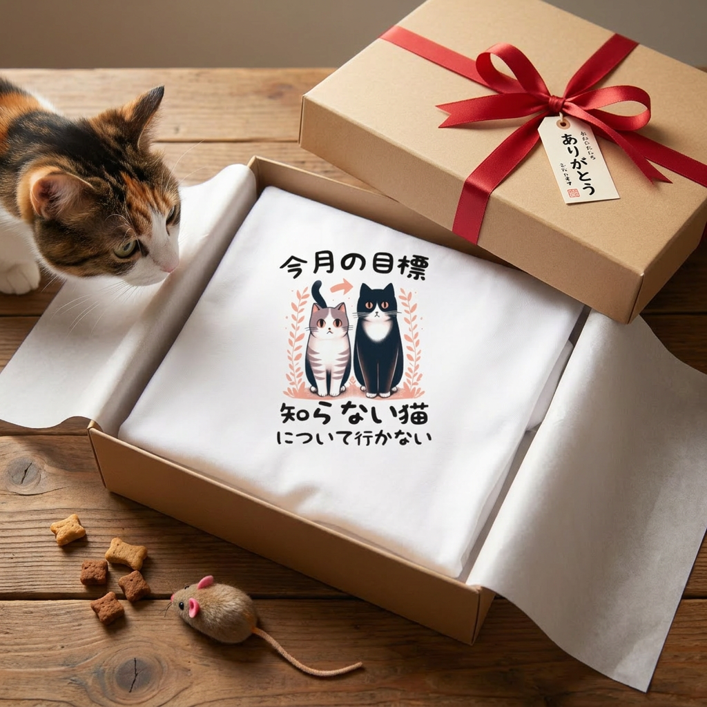 猫tシャツ ねこ 猫イラスト  今月の目標、知らない猫について行かない｜アダルト&キッズサイズ