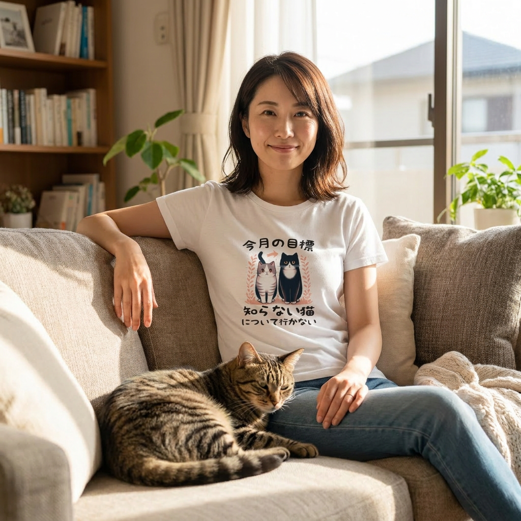猫tシャツ ねこ 猫イラスト  今月の目標、知らない猫について行かない｜アダルト&キッズサイズ
