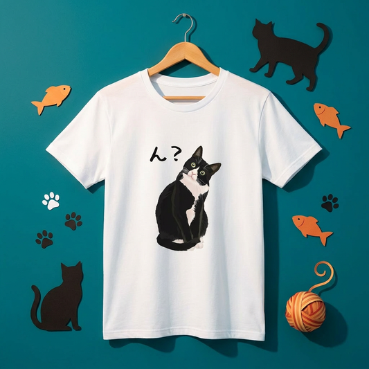 猫tシャツ ねこ 猫イラスト ハチワレ猫 ん?|アダルト&キッズサイズ