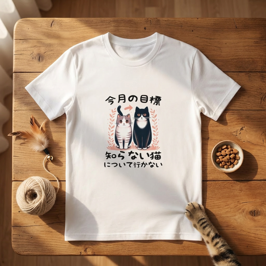 猫tシャツ ねこ 猫イラスト  今月の目標、知らない猫について行かない｜アダルト&キッズサイズ