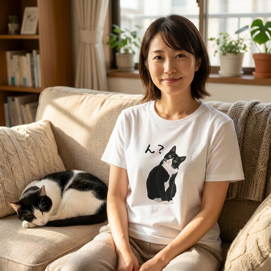 猫tシャツ ねこ 猫イラスト ハチワレ猫 ん?|アダルト&キッズサイズ