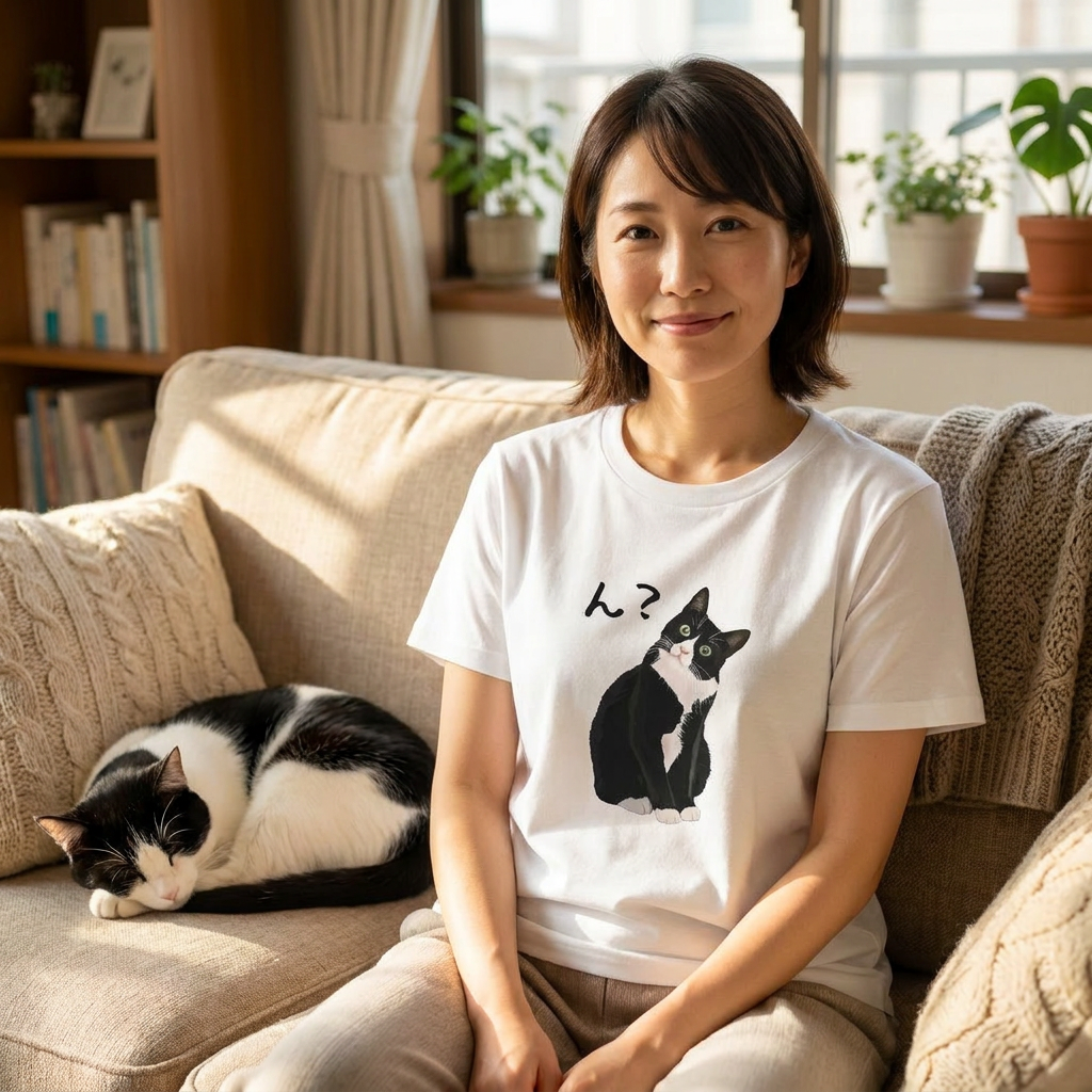 猫tシャツ ねこ 猫イラスト ハチワレ猫 ん？｜アダルト&キッズサイズ