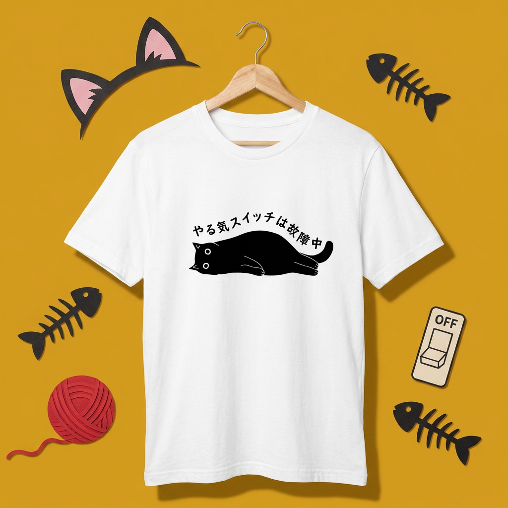 やる気スイッチは故障中猫Tシャツ｜おもしろ猫デザイン