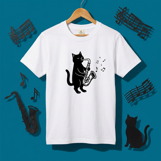 サックスを吹く猫Tシャツ｜音楽好きに人気