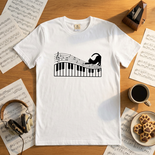 猫ピアノTシャツ｜音楽好きに人気
