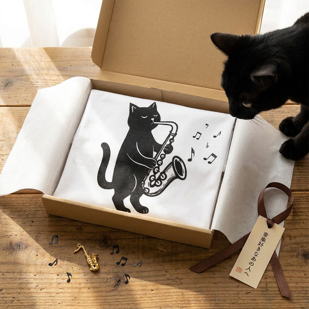 サックスを吹く猫Tシャツ｜音楽好きに人気