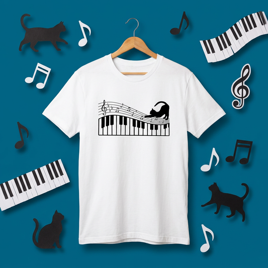 猫ピアノTシャツ|音楽好きに人気