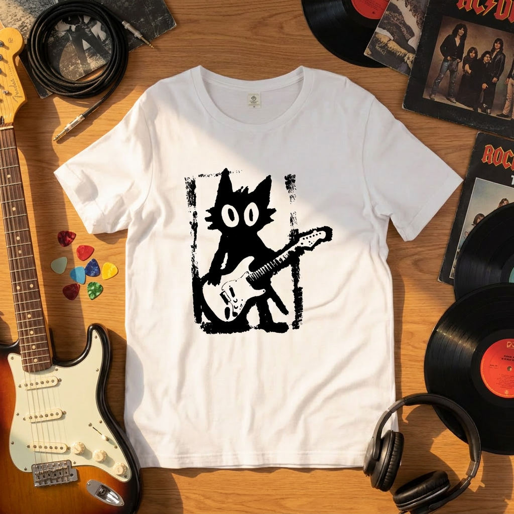 猫ギターロック Tシャツ | 音楽好きに人気