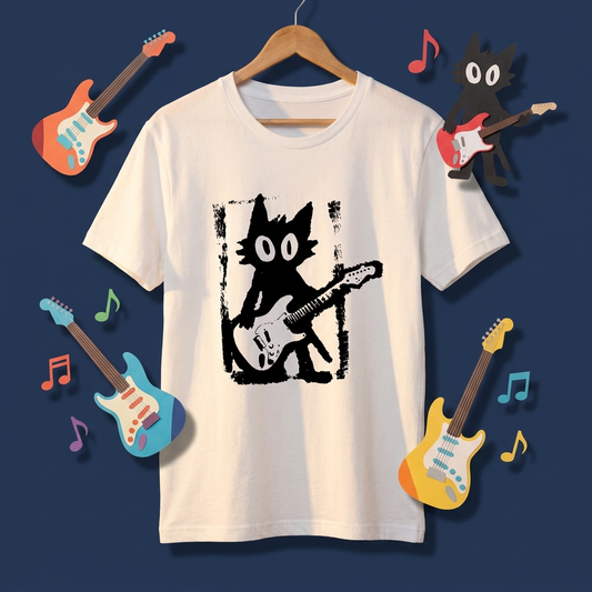 猫ギターロック Tシャツ | 音楽好きに人気