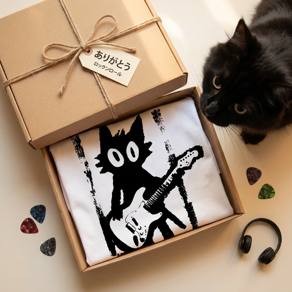 猫ギターロック Tシャツ | 音楽好きに人気
