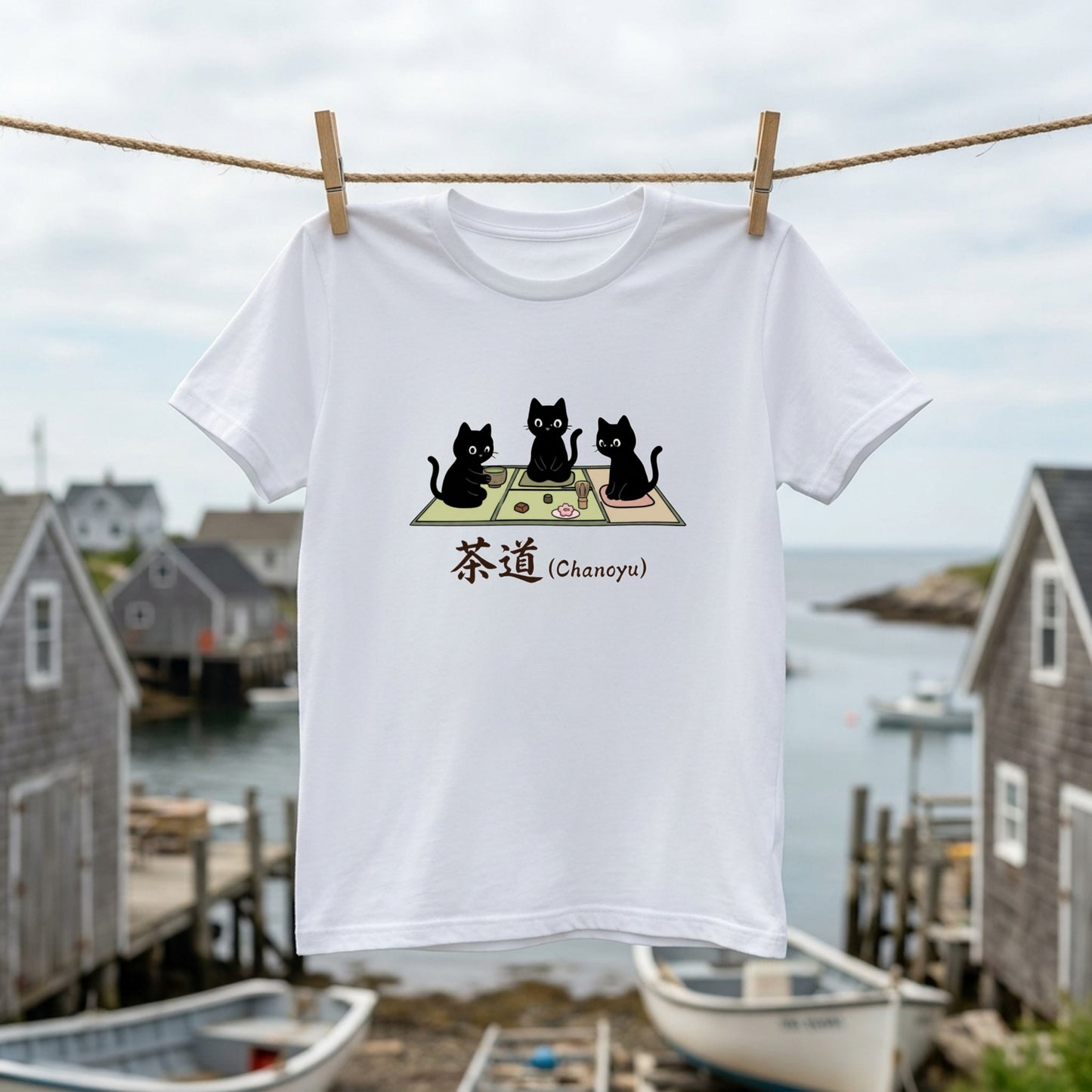 CHANOYU CATS | 手描き風 黒猫 茶道 抹茶スイーツ レトロ和風 グラフィック Tシャツ【猫雑貨・普段着・ルームウェア・ユニセックス・ギフトに最適】