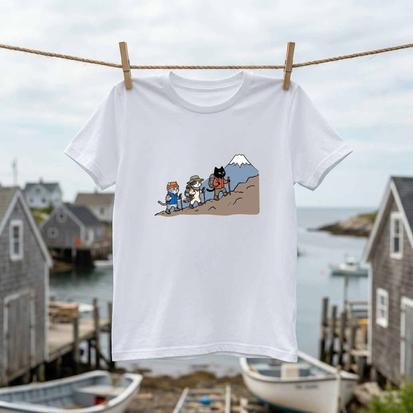 HIKING CATS | 手描き風 登山 猫 富士山グラフィック レジャー カジュアル Tシャツ【猫雑貨・山登りウェア・普段着・ユニセックス・ギフトに最適】