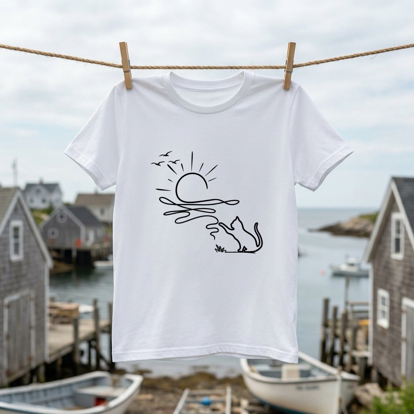 猫と毛糸の夕日 Line Art Tシャツ ｜ 猫好き・おしゃれ・ナチュラルに人気