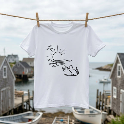 猫と毛糸の夕日 Line Art Tシャツ ｜ 猫好き・おしゃれ・ナチュラルに人気