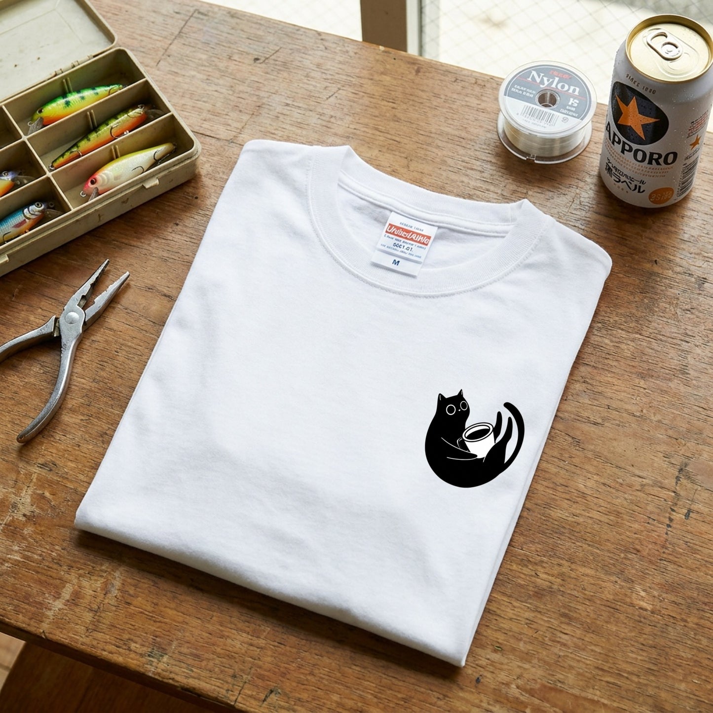 CAT & COFFEE | 手描き風 ワンポイント 黒猫 コーヒーカップ ミニマル グラフィック Tシャツ【猫雑貨・普段着・きれいめ・ユニセックス・ギフトに最適】