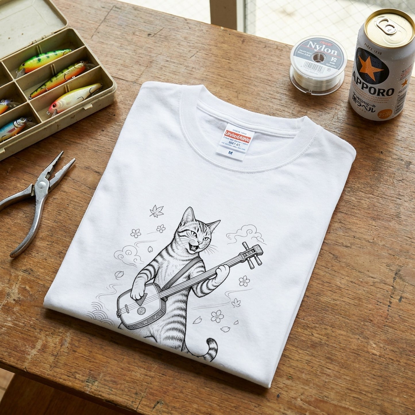 三味線猫 | 三味線 猫 和風 浮世絵風 イラスト Tシャツ【猫好き・和柄・伝統芸能・誕生日ギフトに最適】