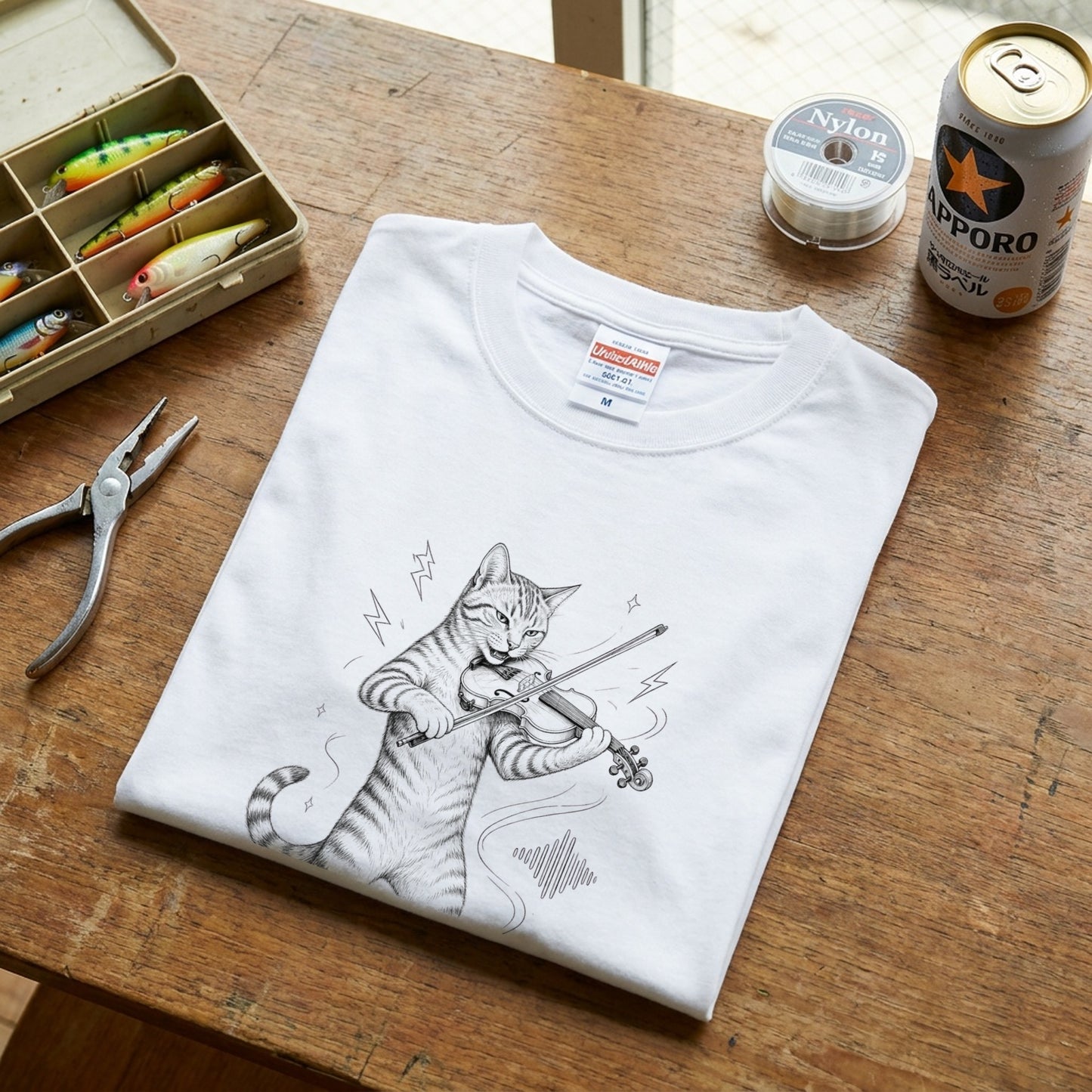 バイオリンキャット | 猫 バイオリン 演奏 イラスト Tシャツ【猫好き・バイオリニスト・クラシック・誕生日ギフトに最適】
