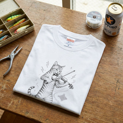 バイオリンキャット | 猫 バイオリン 演奏 イラスト Tシャツ【猫好き・バイオリニスト・クラシック・誕生日ギフトに最適】