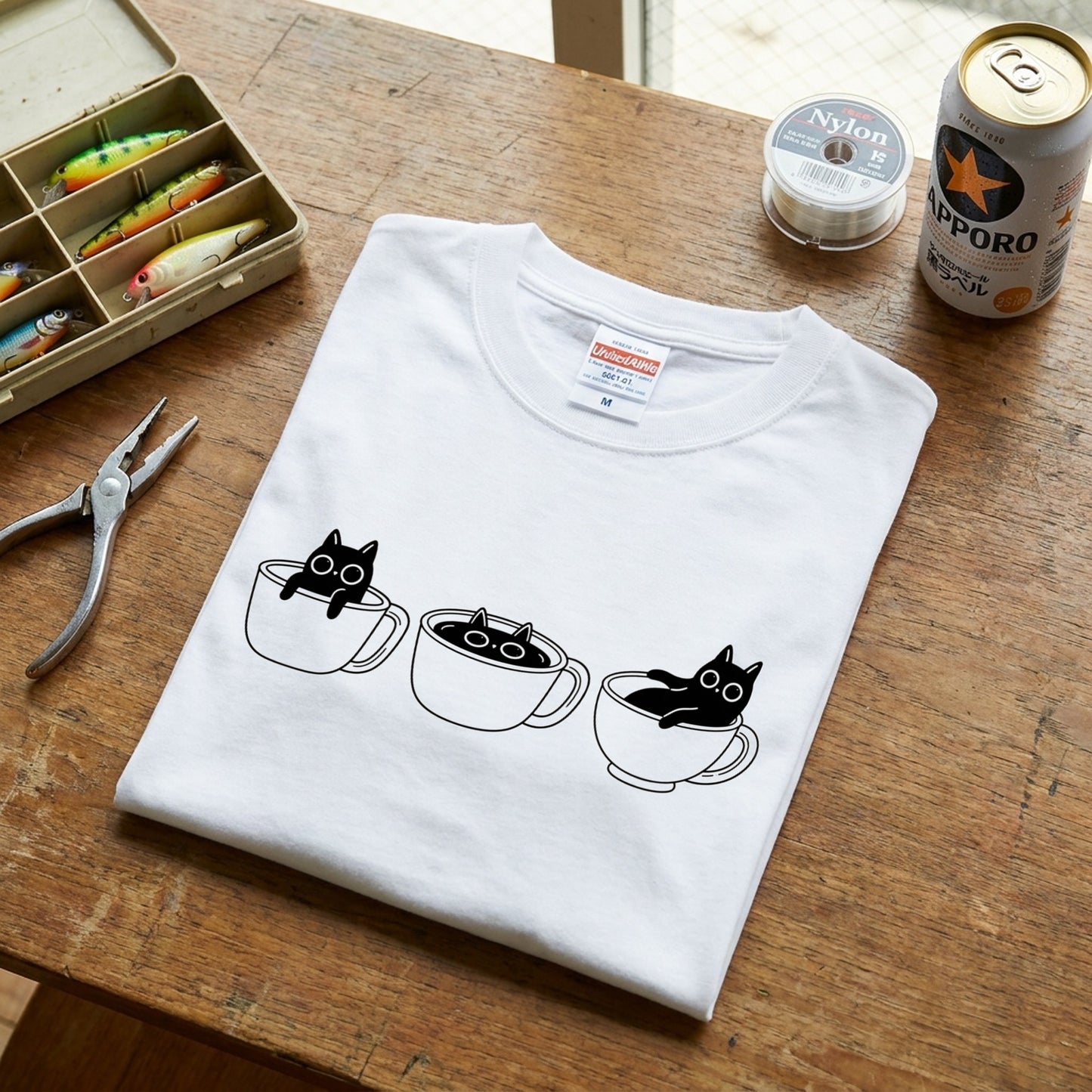 CAT IN CUP | 手描き風 シンプル 黒猫 コーヒー マグカップ グラフィック Tシャツ【猫雑貨・普段着・ルームウェア・ユニセックス・ギフトに最適】