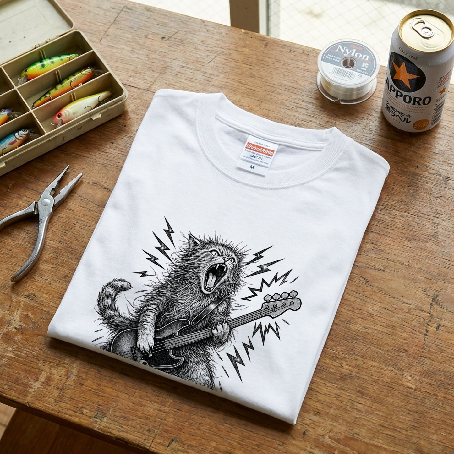 かっこいい猫 | 暴れる猫 ベーシスト エレキベース ロックTシャツ【猫好き・愛猫家・音楽好き・ギフトに最適】