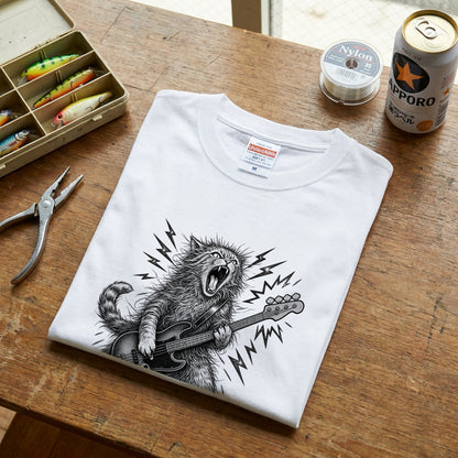かっこいい猫 | 暴れる猫 ベーシスト エレキベース ロックTシャツ【猫好き・愛猫家・音楽好き・ギフトに最適】