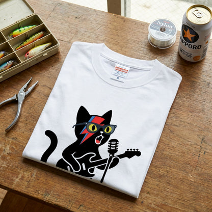 ロックスター 黒猫 ギター Tシャツ ｜ 猫好き・音楽好き・ロックに人気