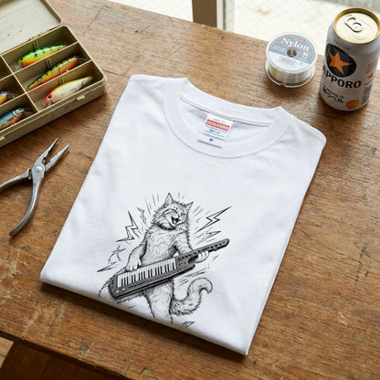 ロックキャット | かっこいい猫 ショルダーキーボード キーター 演奏 イラスト Tシャツ【猫好き・音楽好き・誕生日ギフトに最適】
