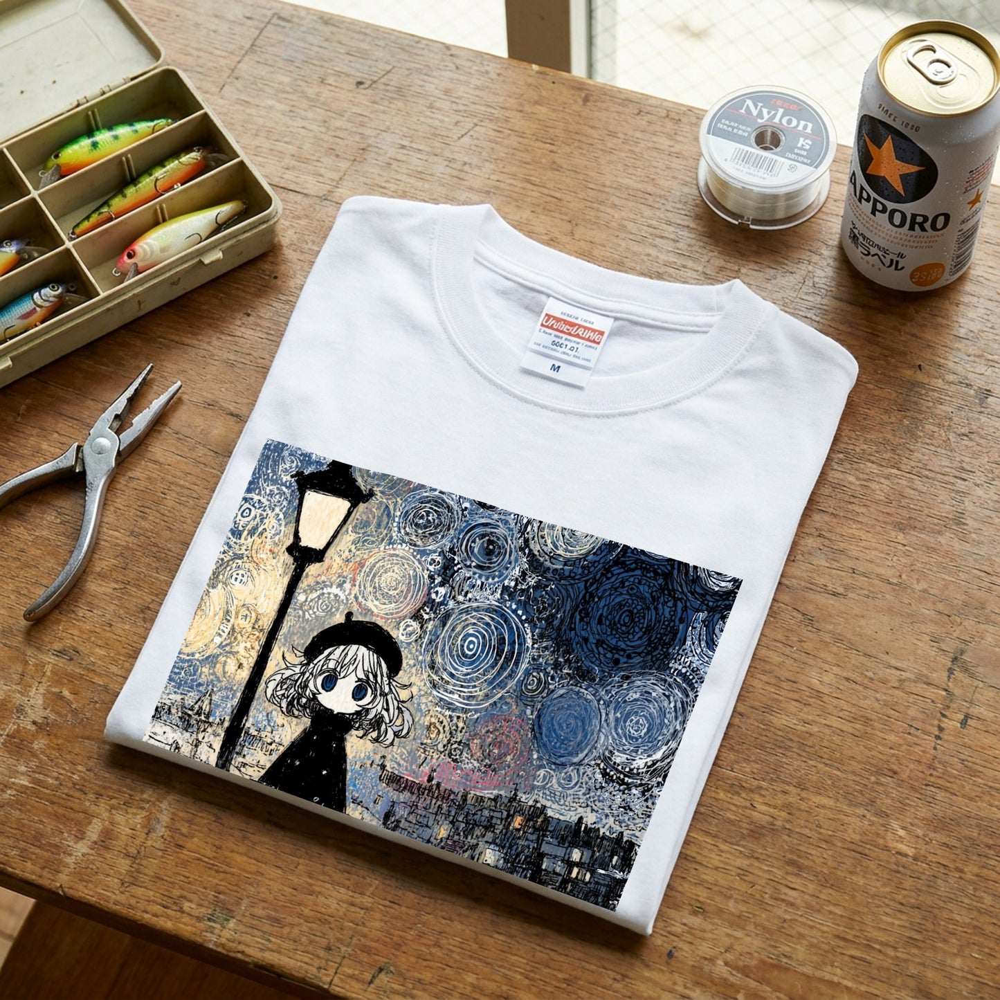 星月夜と少女 黒猫 Tシャツ ｜ 猫好き・ゴッホ風・絵画・アニメ好きに人気