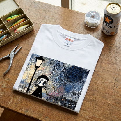 星月夜と少女 黒猫 Tシャツ ｜ 猫好き・ゴッホ風・絵画・アニメ好きに人気