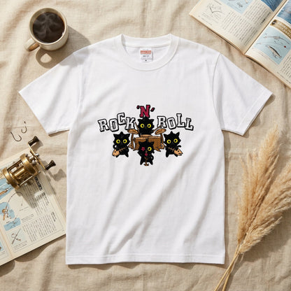 ROCK 'N' ROLL 黒猫バンド Tシャツ ｜ 猫好き・ロック・音楽好きに人気