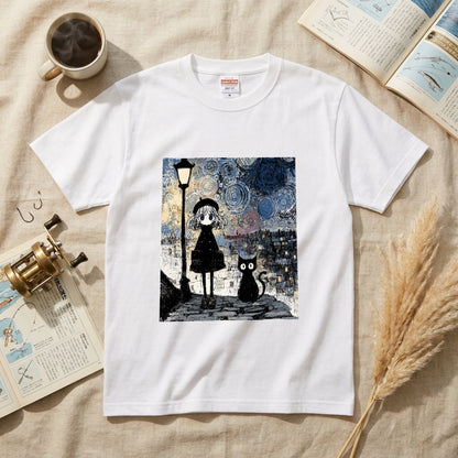 星月夜と少女 黒猫 Tシャツ ｜ 猫好き・ゴッホ風・絵画・アニメ好きに人気