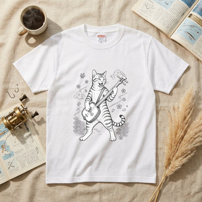三味線猫 | 三味線 猫 和風 浮世絵風 イラスト Tシャツ【猫好き・和柄・伝統芸能・誕生日ギフトに最適】