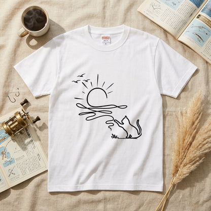 猫と毛糸の夕日 Line Art Tシャツ ｜ 猫好き・おしゃれ・ナチュラルに人気