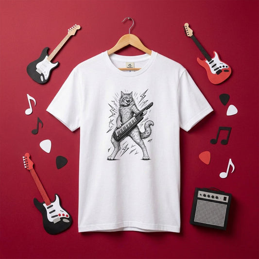 ロックキャット | かっこいい猫 ショルダーキーボード キーター 演奏 イラスト Tシャツ【猫好き・音楽好き・誕生日ギフトに最適】