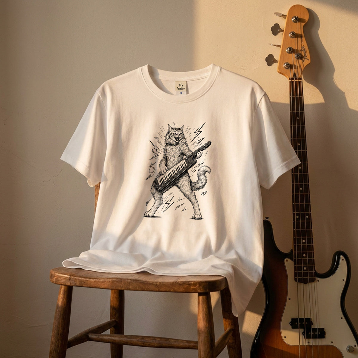 ロックキャット | かっこいい猫 ショルダーキーボード キーター 演奏 イラスト Tシャツ【猫好き・音楽好き・誕生日ギフトに最適】