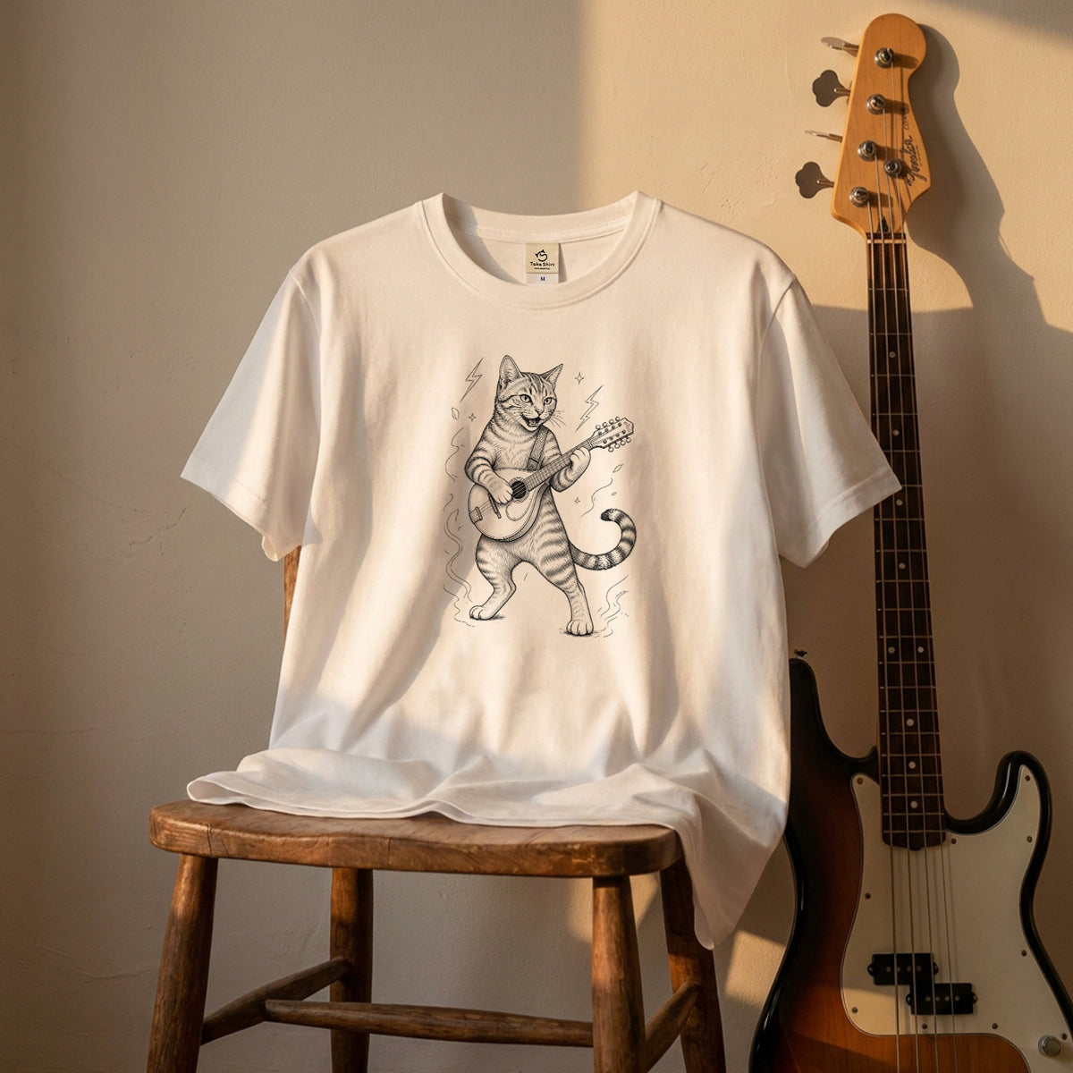 マンドリンキャット | かわいい猫 マンドリン 演奏 イラスト Tシャツ【猫好き・音楽好き・誕生日ギフトに最適】