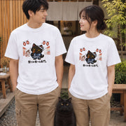 Festival Yukata Cat Matsuri Wa Taberu Senmon 夏祭り黒猫「祭りは食べる専門。」 Tシャツ｜フロントプリント