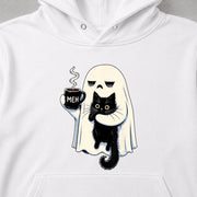 Ghost Hugging Black Cat Meh Mug ハロウィン シーツお化けと黒猫「MEH」 パーカー フーディ｜フロントプリント