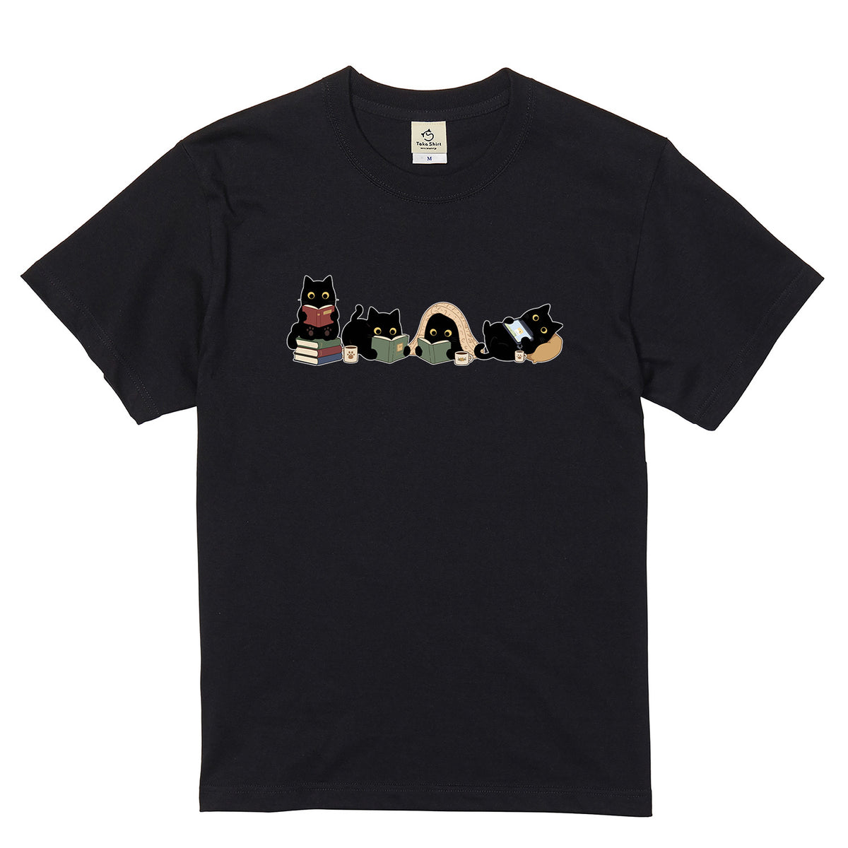 読書黒猫 Tシャツ ｜ 猫好き・読書好き・本好きに人気